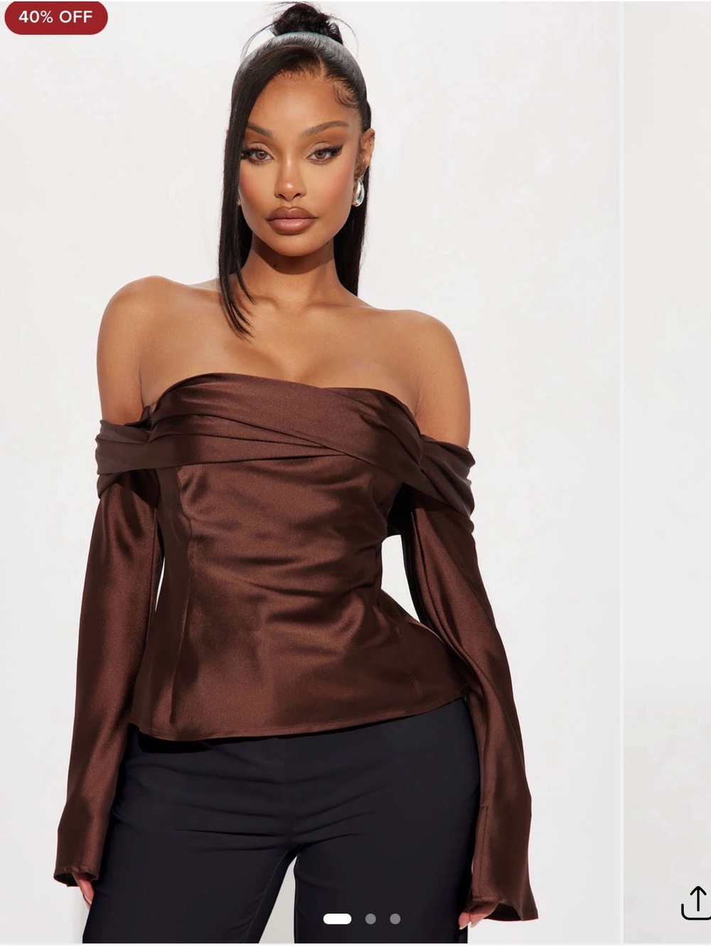 Fashion Nova Brown Satin Off-Shoulder Peplum Top